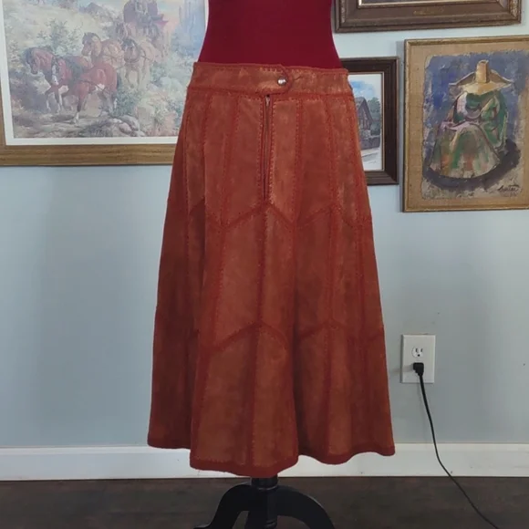 Suede Leather Patchwork Skirt Midi